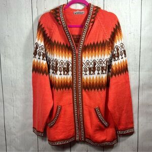 Alpaca Fina Wool Sweater Cardigan Cabin Ski Cozi Zip Hooded Pockets Orange Brown